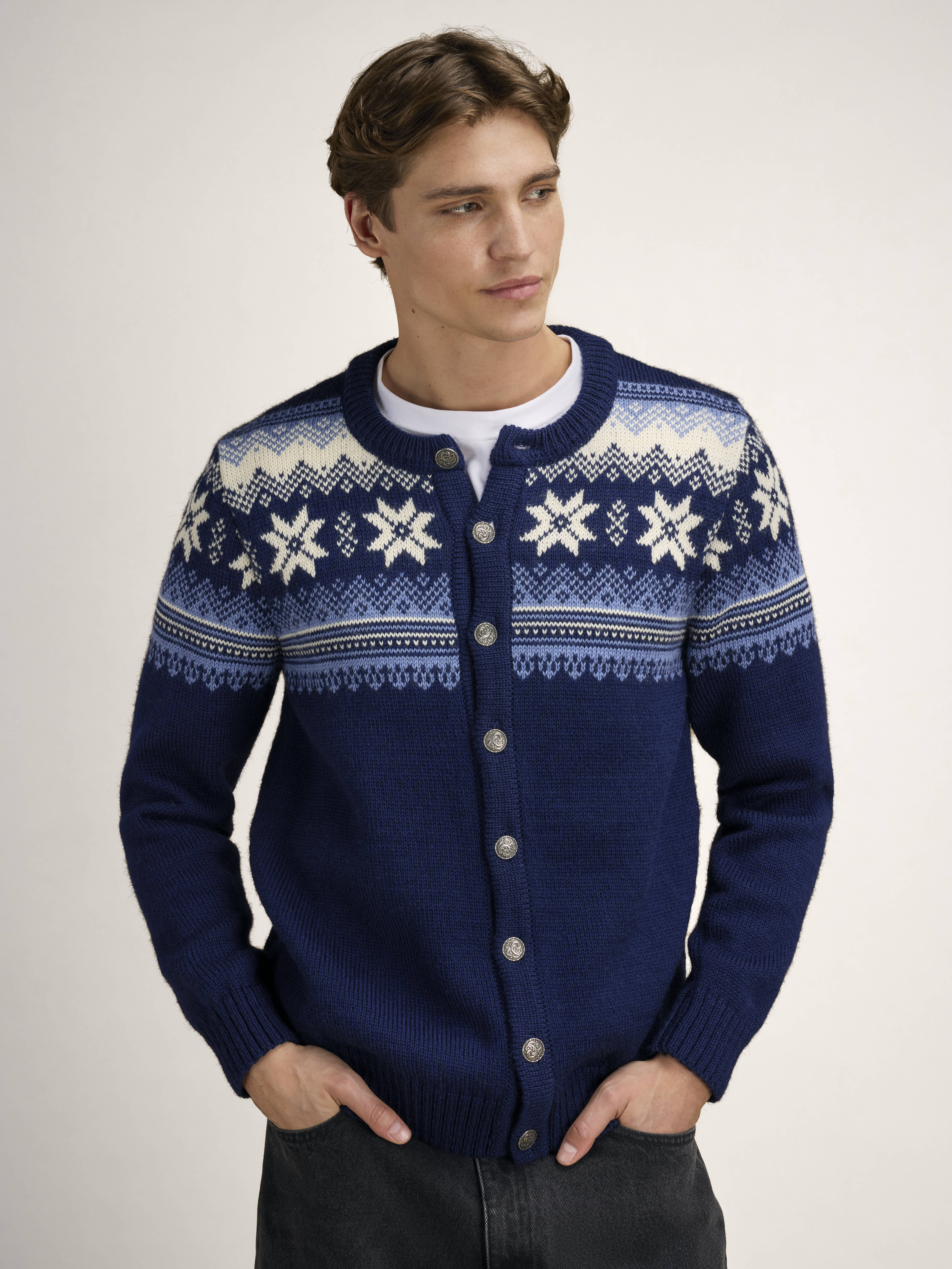 Veafjord Men's Jacket - Norwegian Wool Navy Blue Shadow Cream
