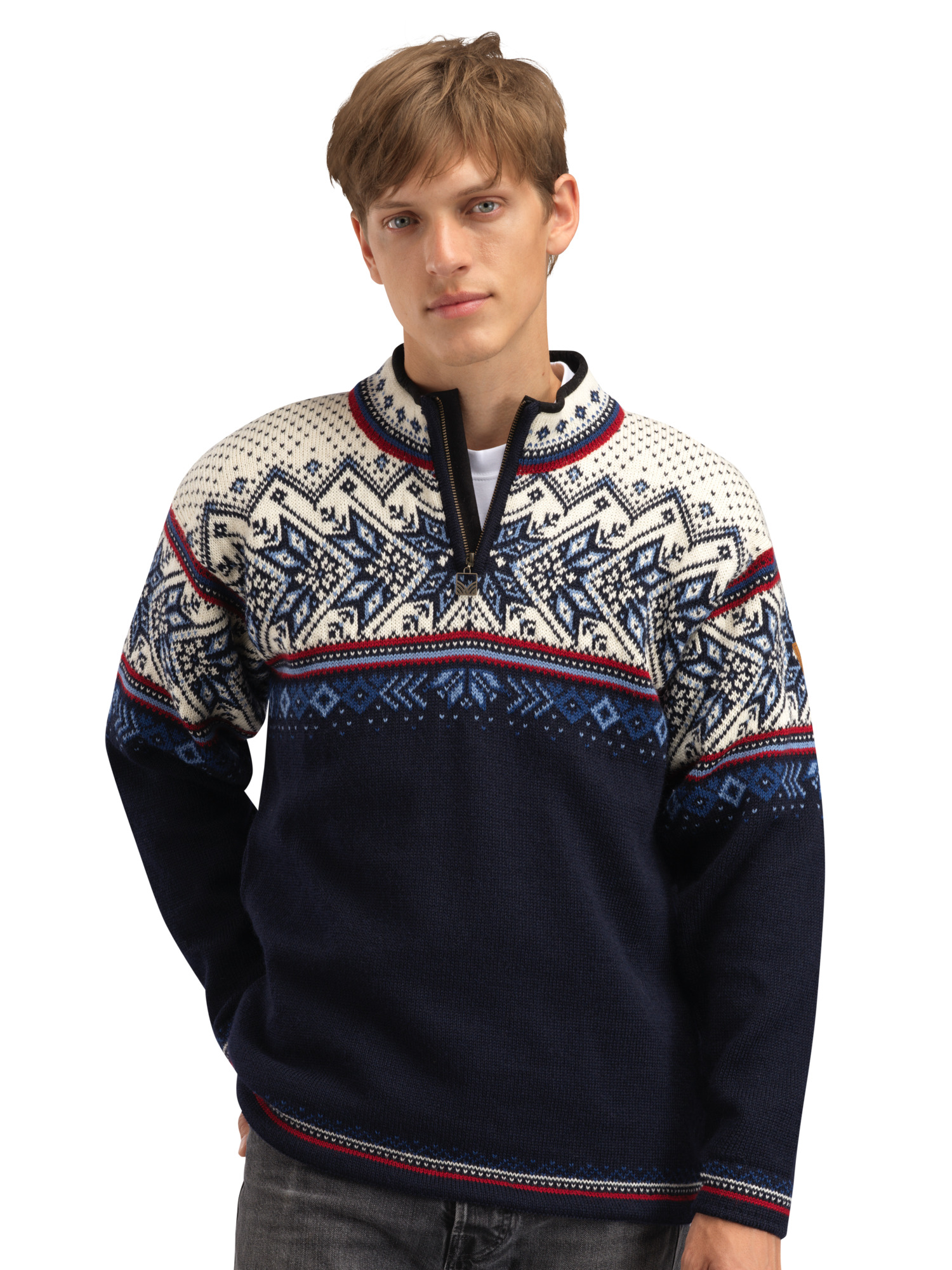 Vail Men's Sweater - Norwegian Wool Midnightnavy Redrose Offwhite