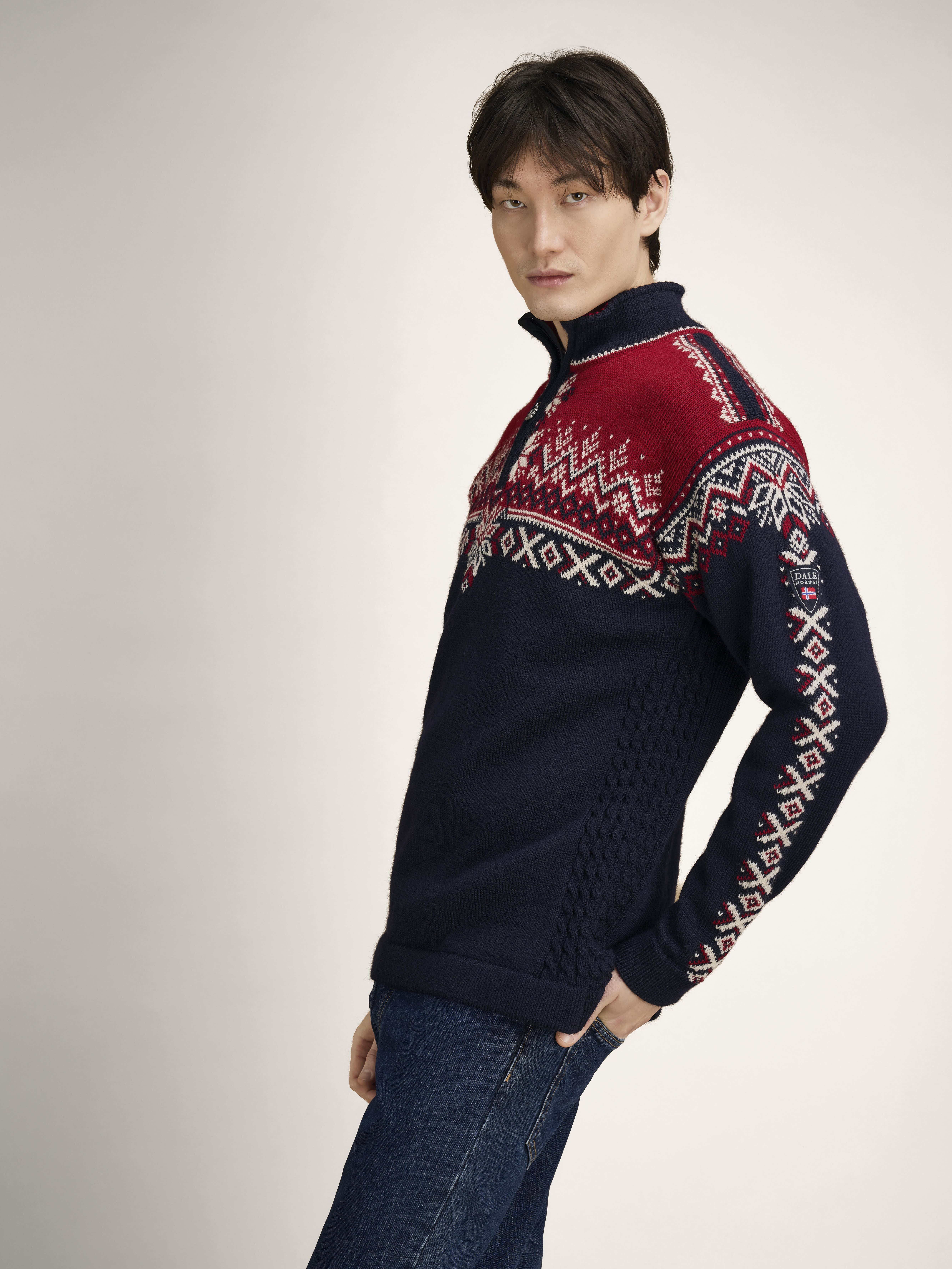 140th Anniversary Men’s Sweater - Norwegian Wool Navy Redrose Offwhite