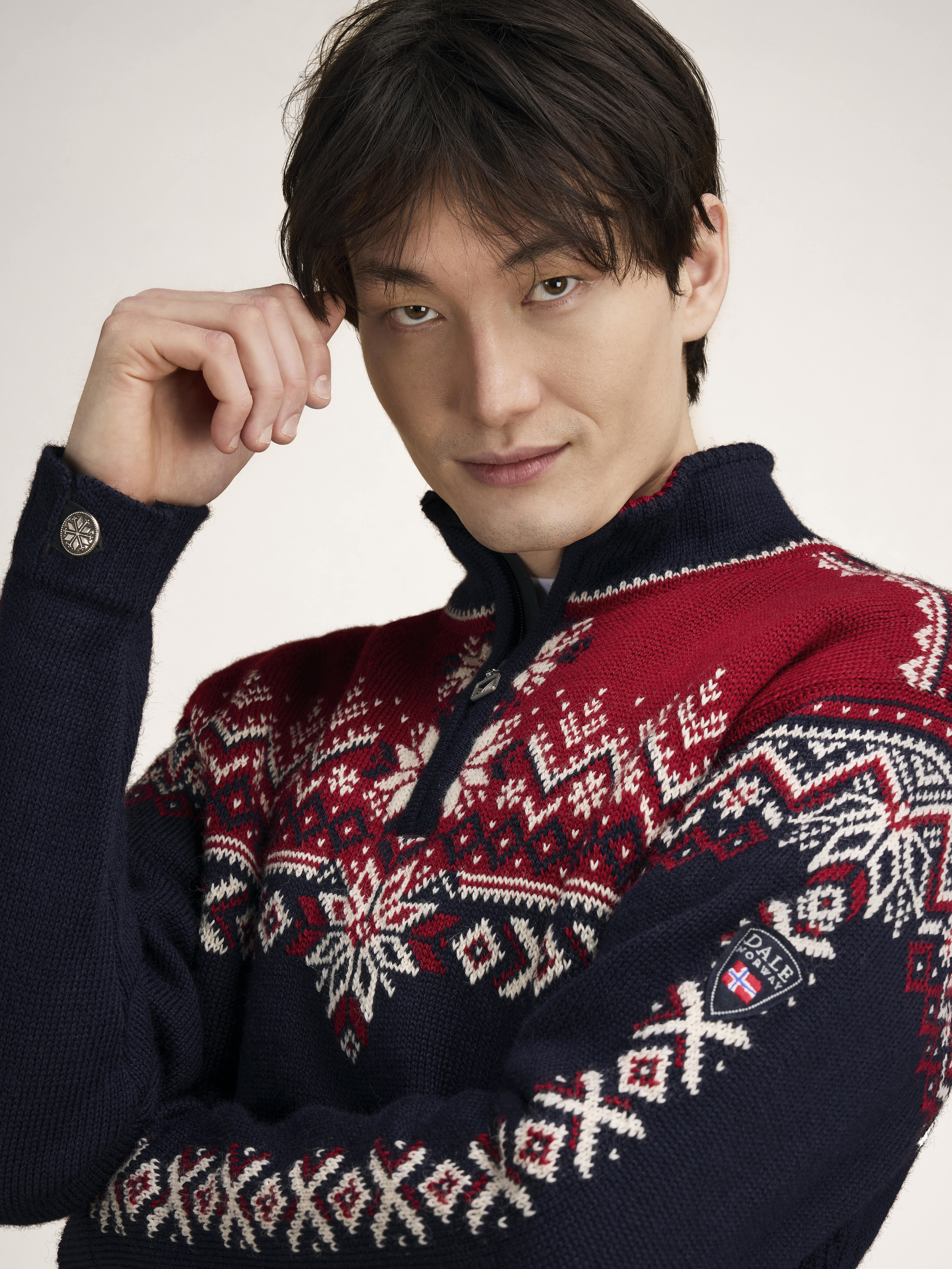 140th Anniversary Men’s Sweater - Norwegian Wool Navy Redrose Offwhite