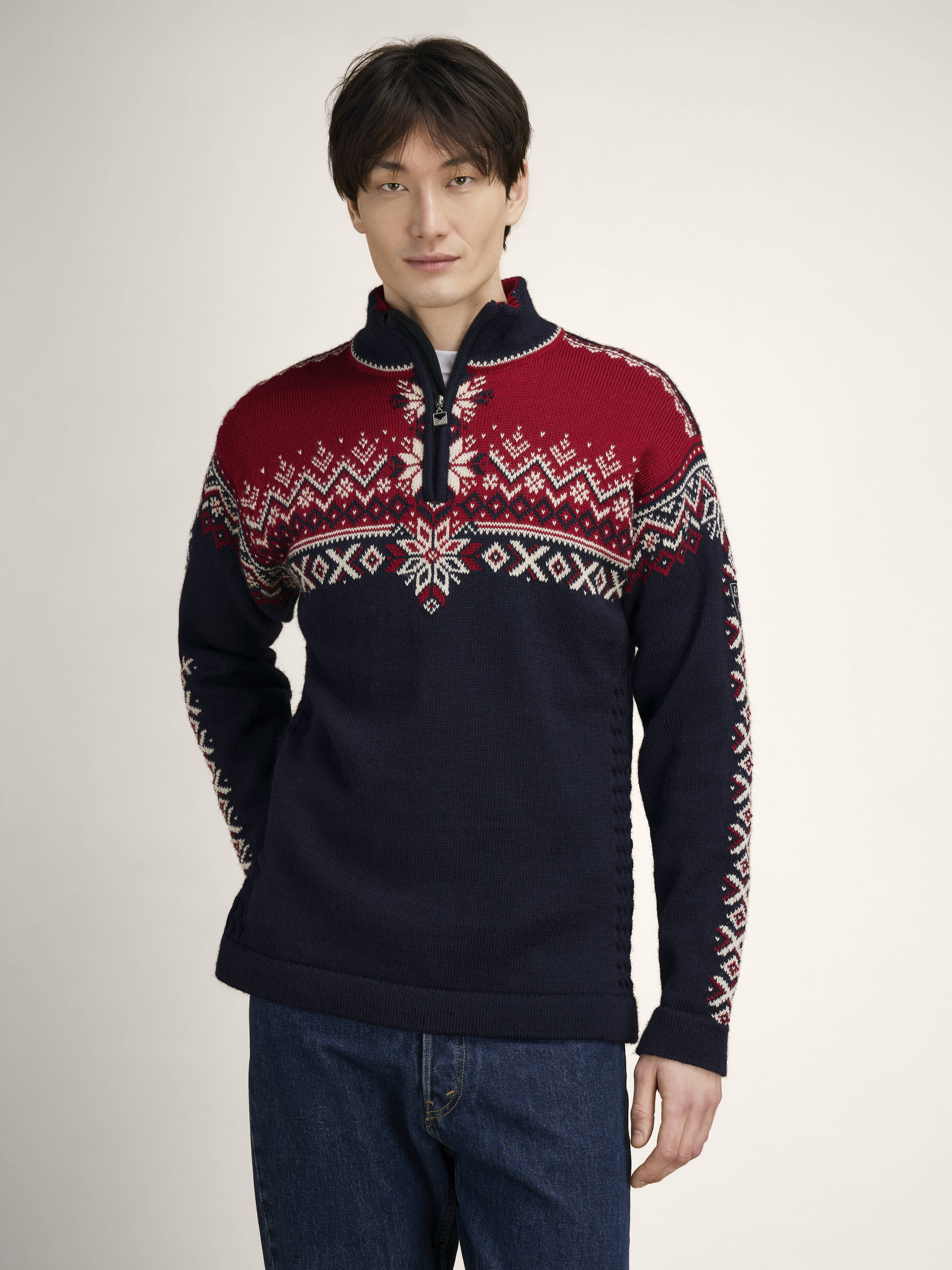 140th Anniversary Men’s Sweater - Norwegian Wool Navy Redrose Offwhite