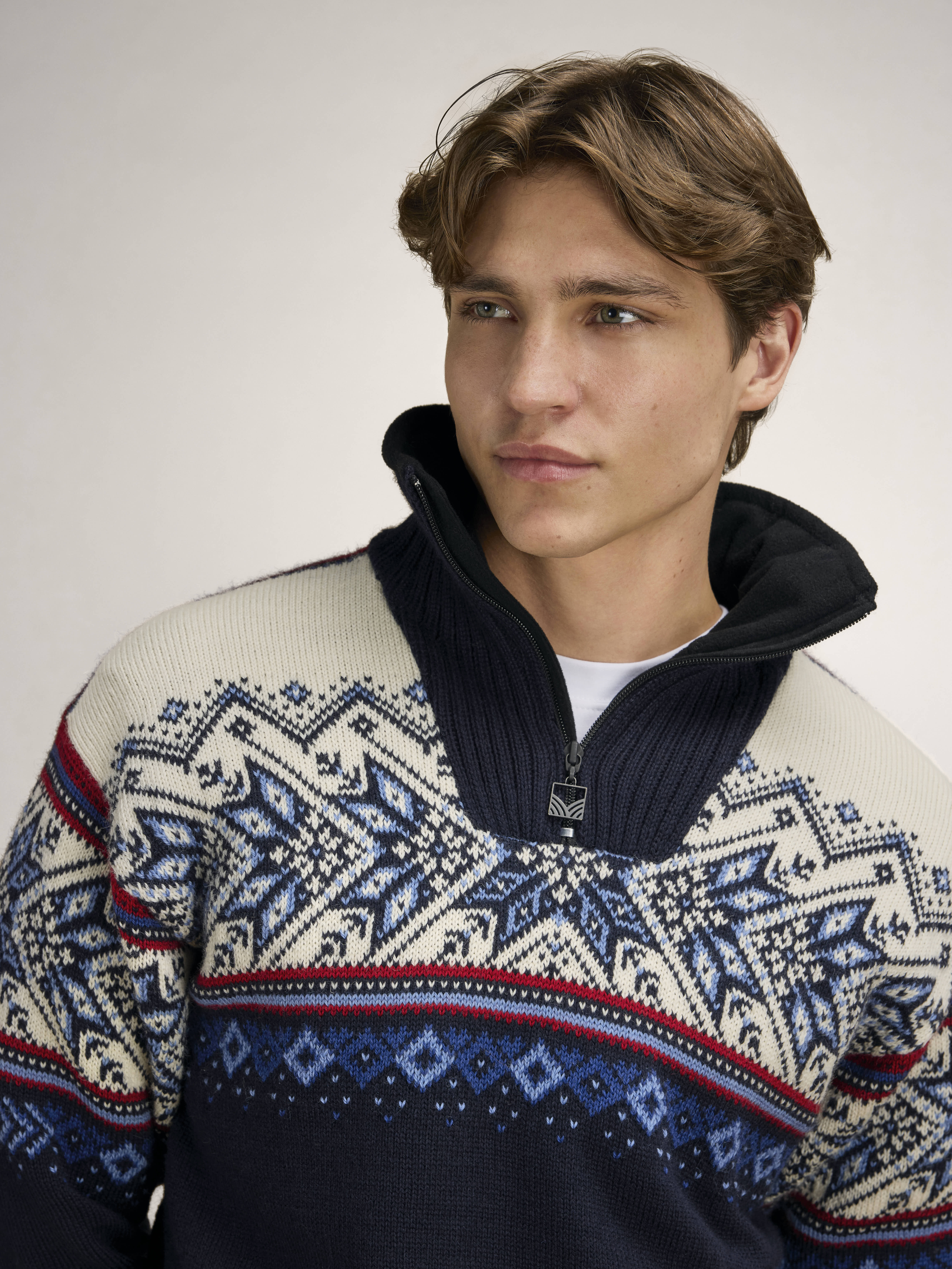 Vail Windproof Men’s Sweater - Norwegian Wool  Navy Red Offwhite Indigo Blue
