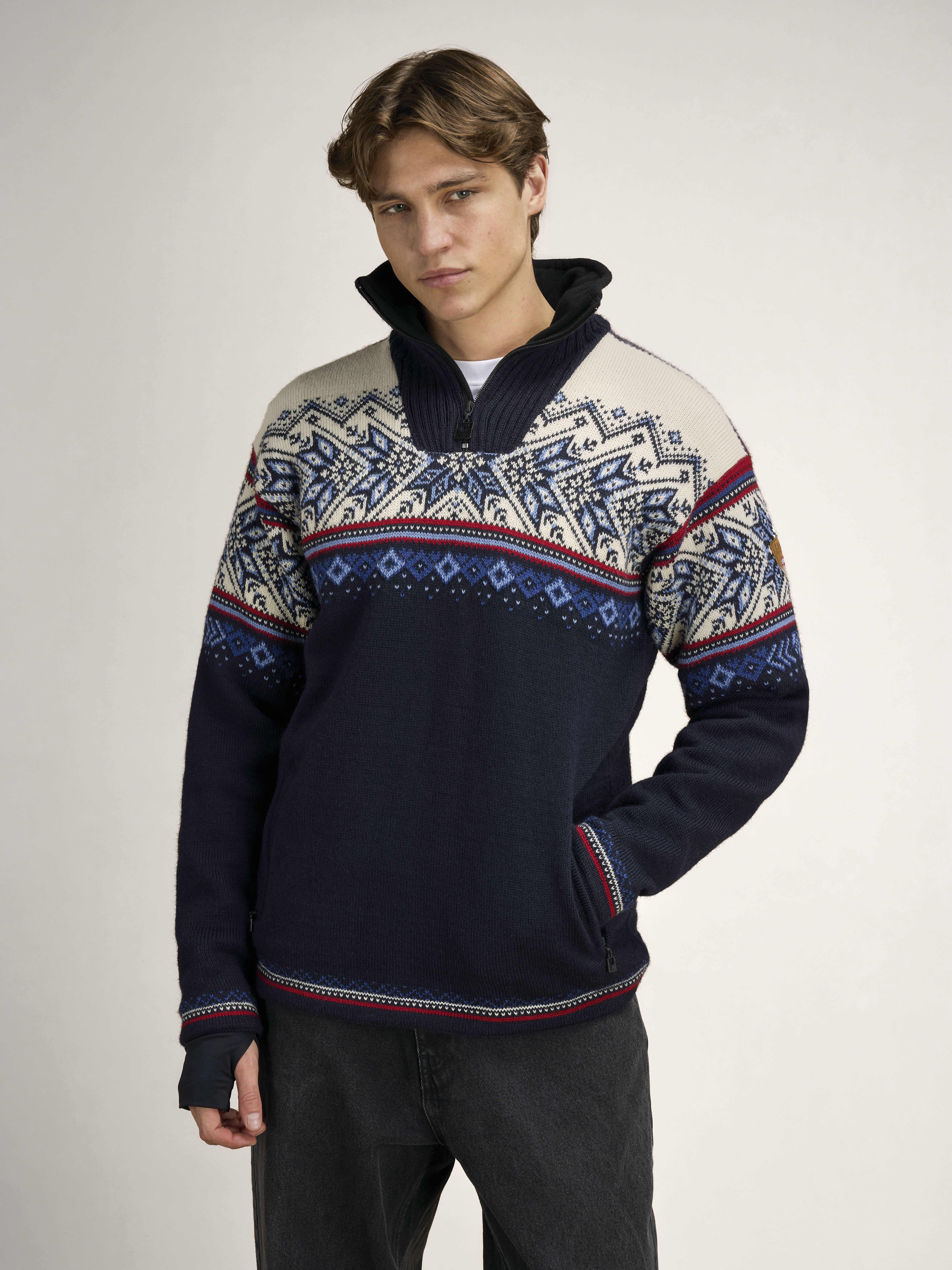 Vail Windproof Men’s Sweater - Norwegian Wool  Navy Red Offwhite Indigo Blue