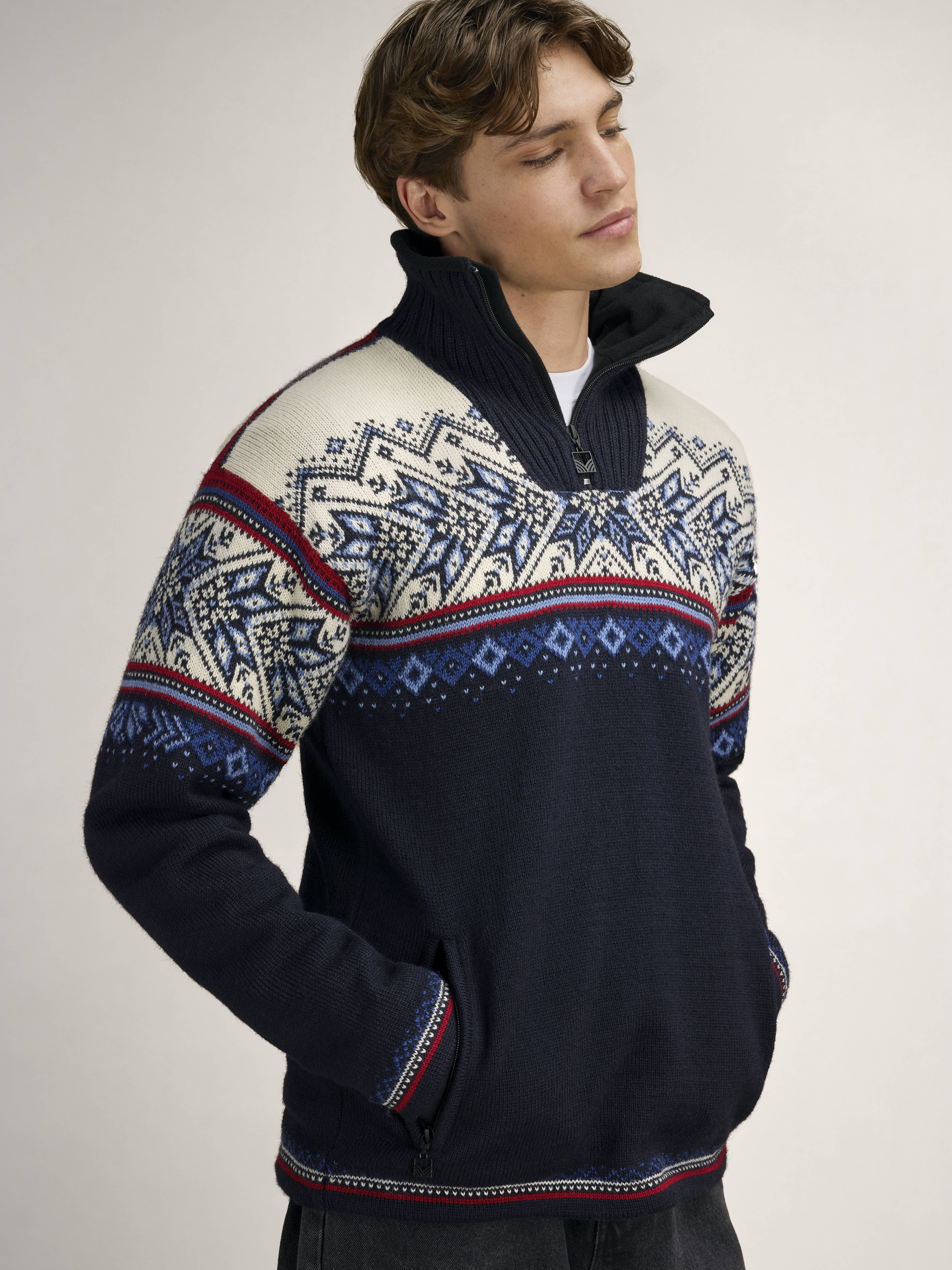 Vail Windproof Men’s Sweater - Norwegian Wool  Navy Red Offwhite Indigo Blue
