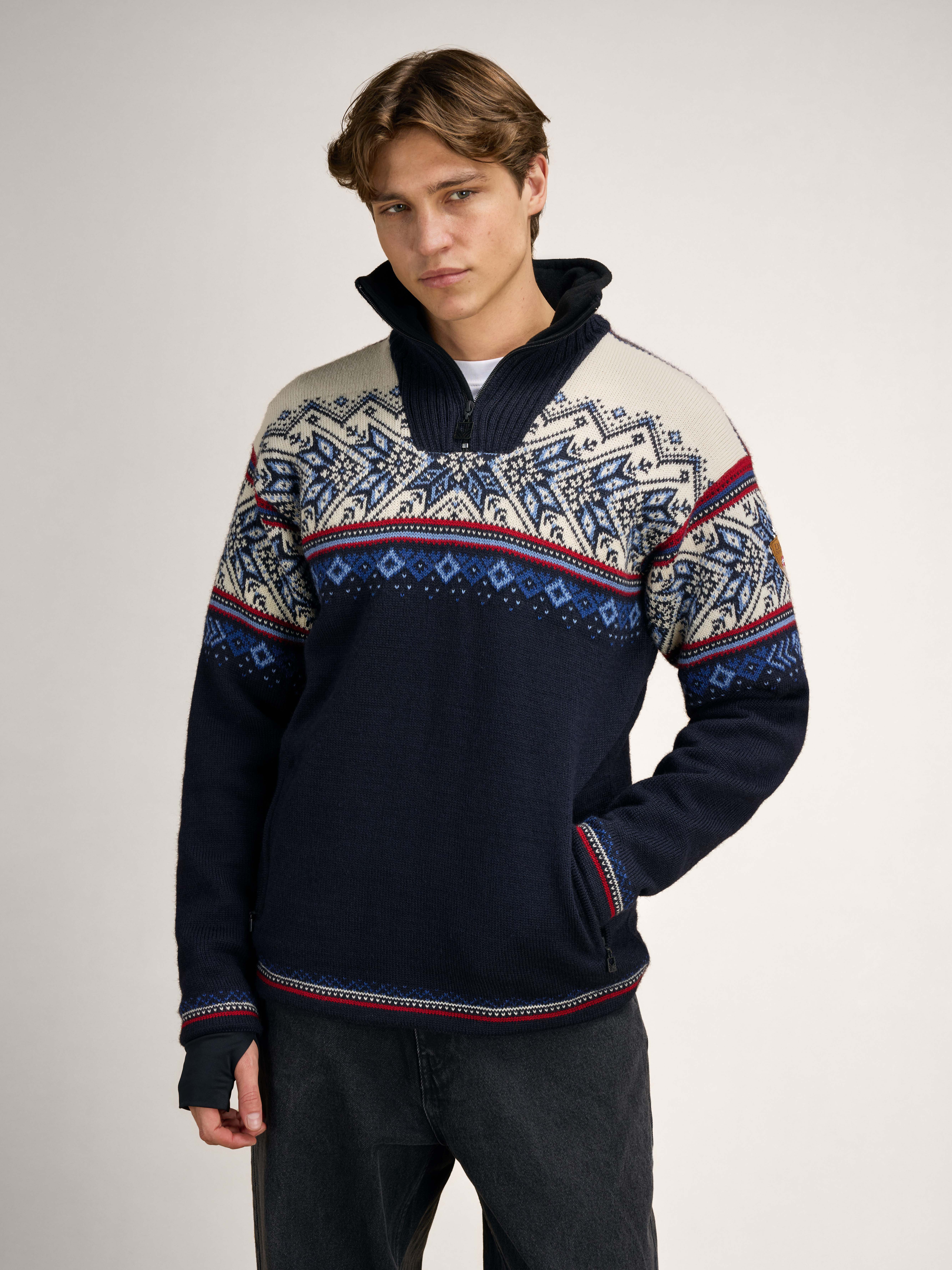 Vail Windproof Men’s Sweater - Norwegian Wool  Navy Red Offwhite Indigo Blue