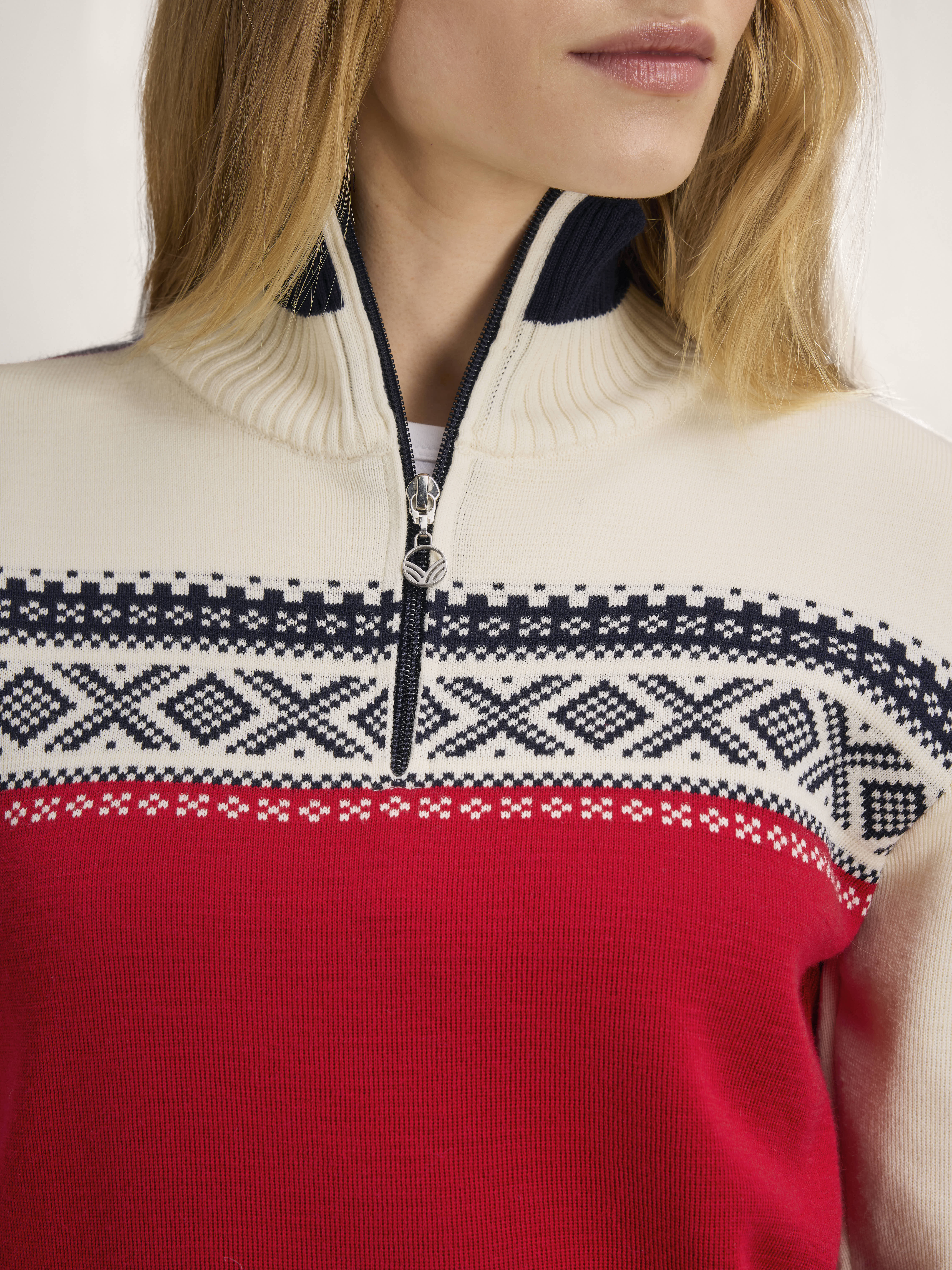 Dystingen women’s merino wool sweater Raspberry Offwhite Navy