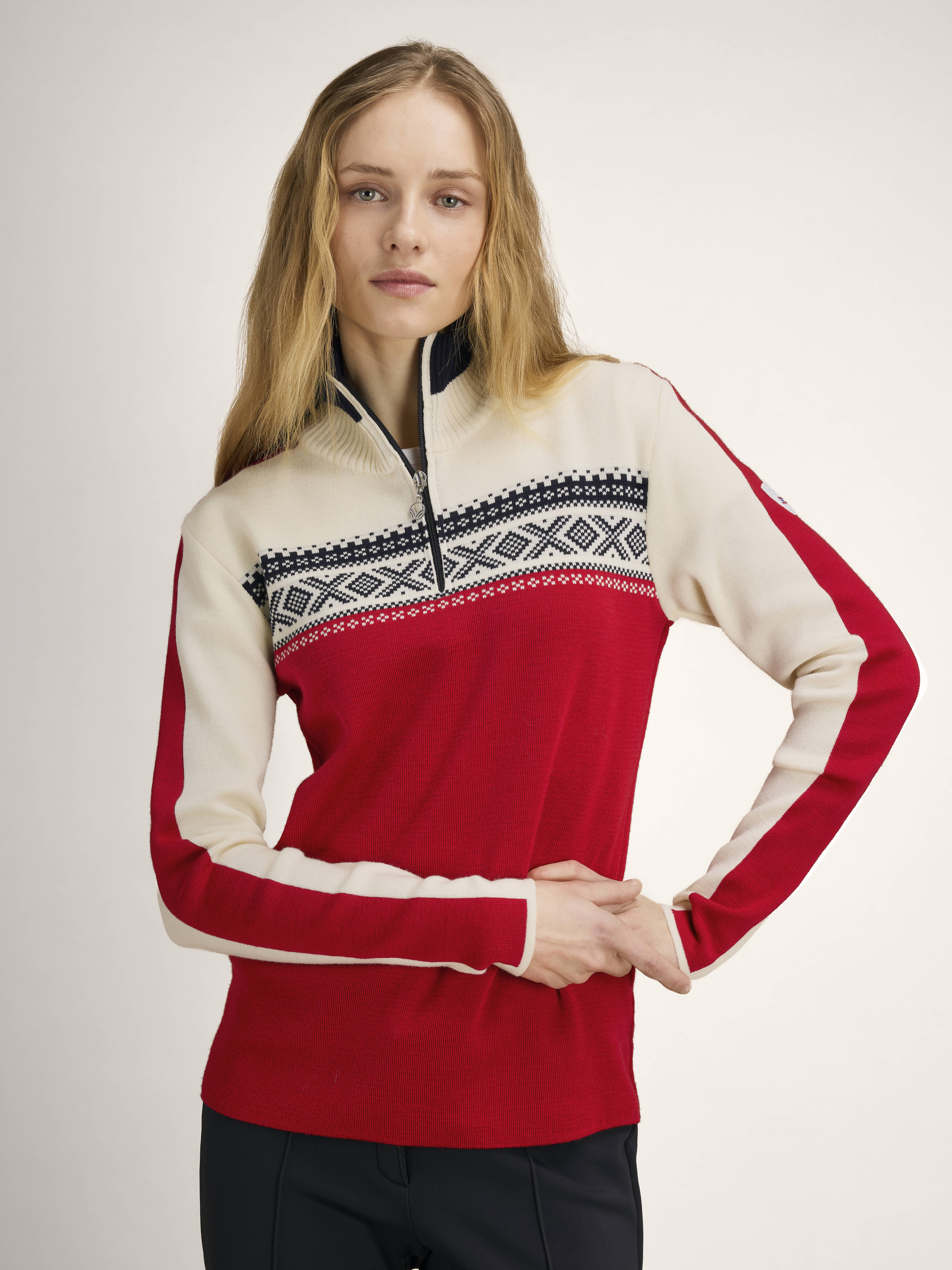 Dystingen women’s merino wool sweater Raspberry Offwhite Navy
