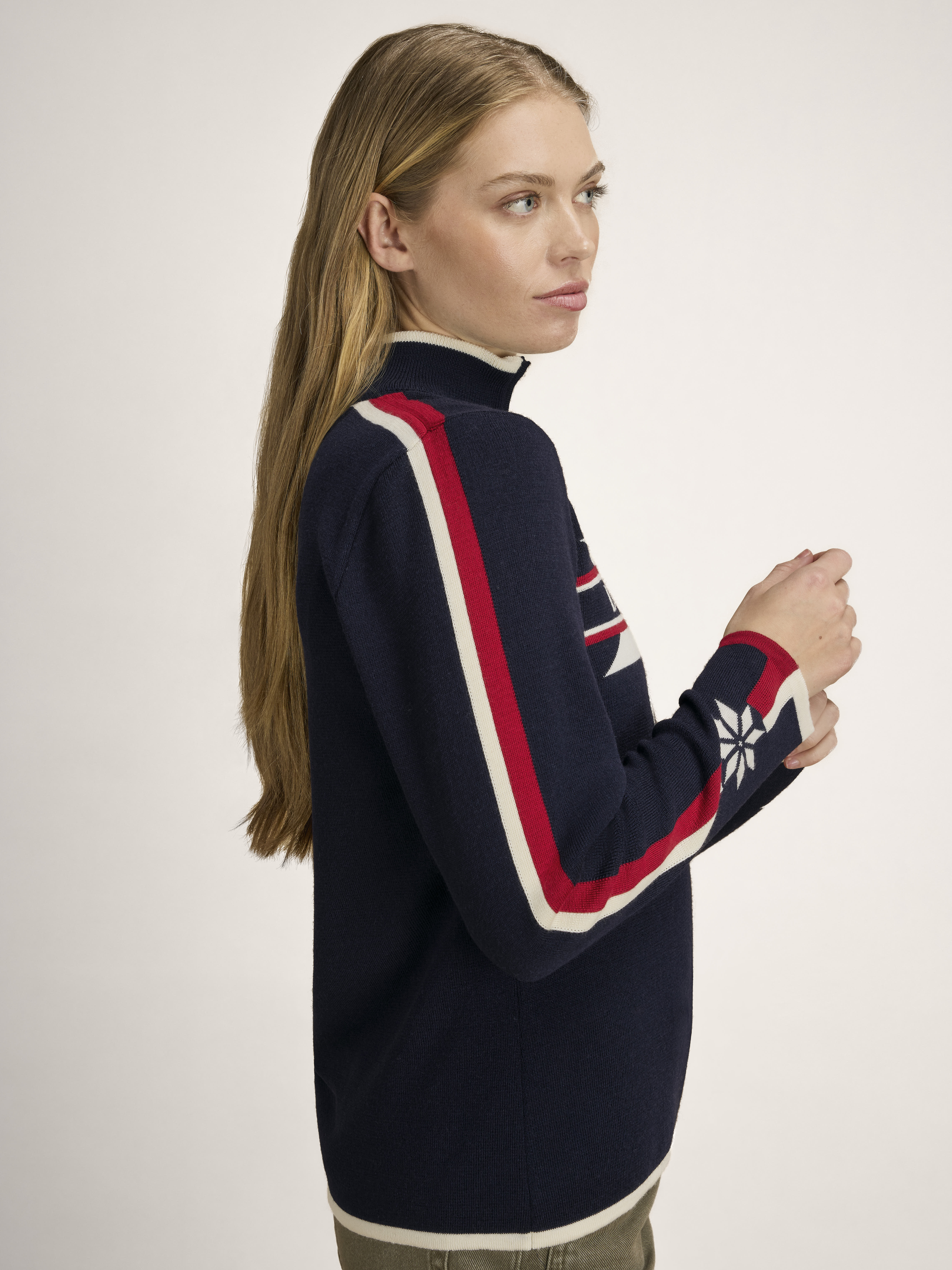 Nåle Women's Sweater - Merino Wool Navy Offwhite Red Rose