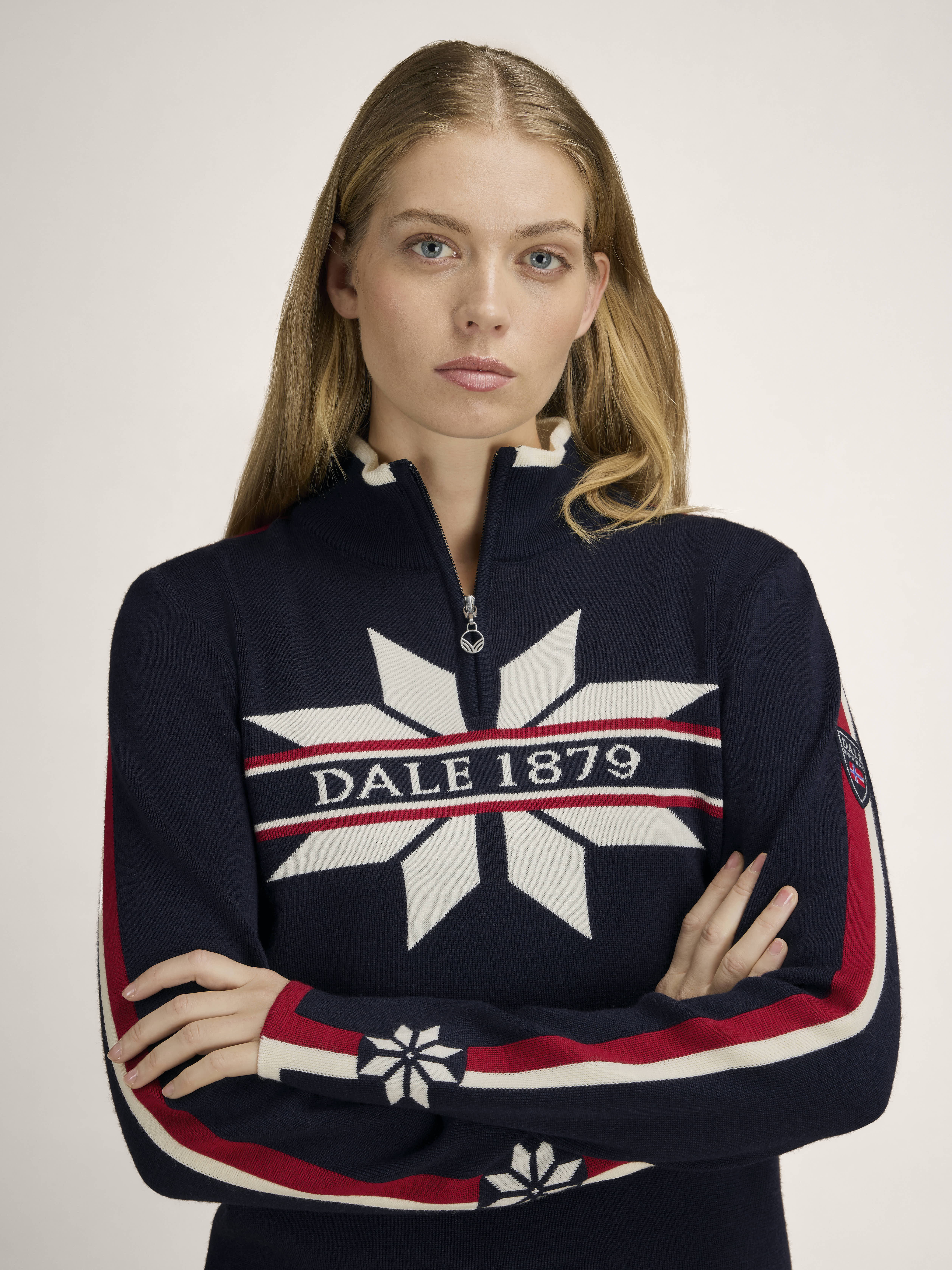 Nåle Women's Sweater - Merino Wool Navy Offwhite Red Rose