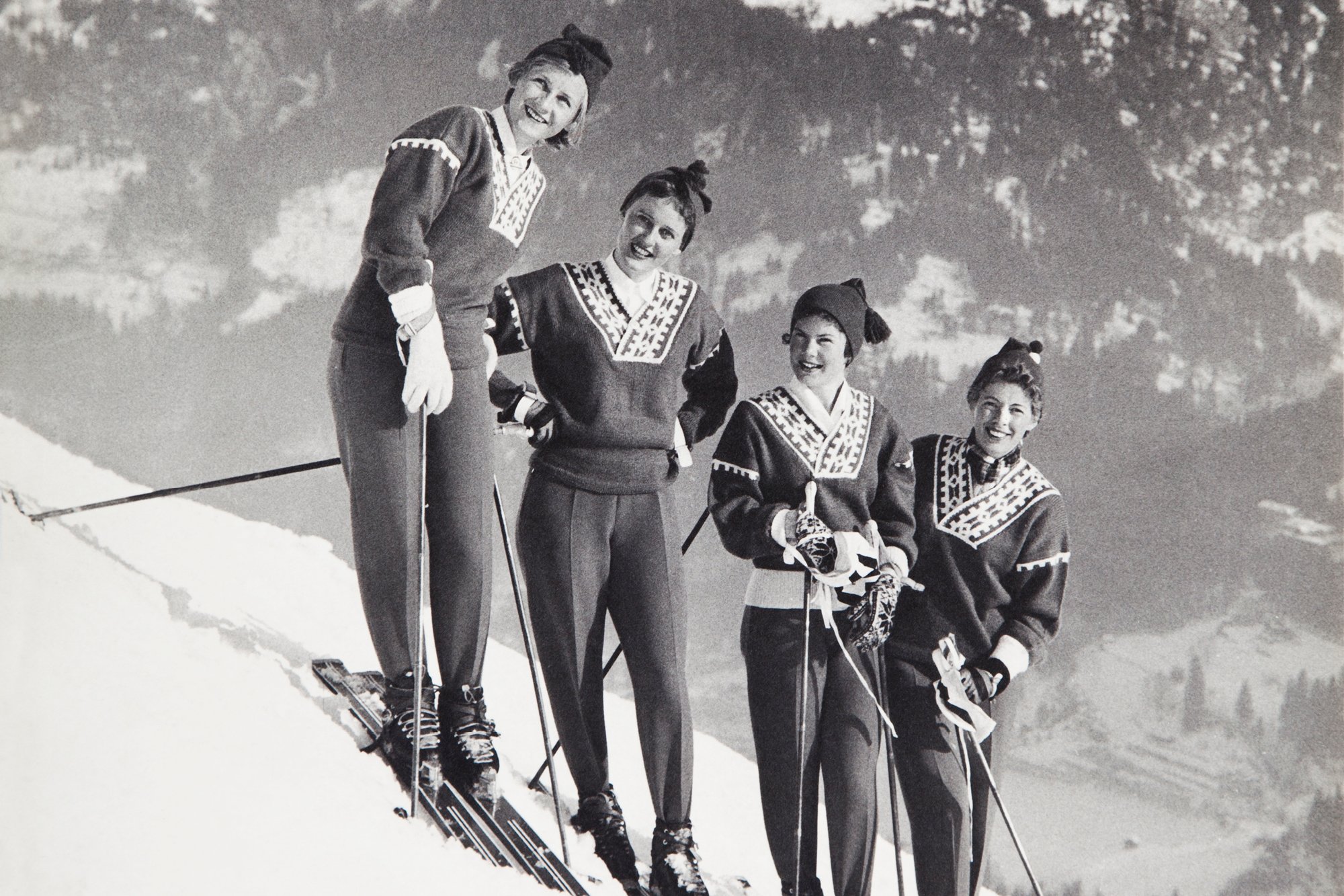 Female models skiing wearing the Dale of Norway 1958  World Alpine Ski Championships - Bad Gastein, Austria. 